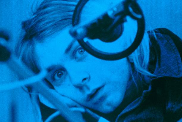 Photo of NIRVANA, Kurt Cobain, posed, looking to camera, recording in Hilversum Studios