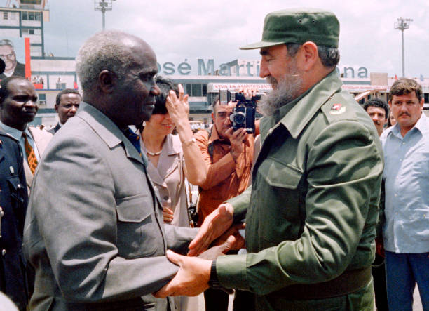 A photo taken on June 2 1989 shows Zambian President Kenneth Kaunda welcome by Cuban President Fidel Castro in Havana Cuba AFP PHOTO / RAFAEL PEREZ