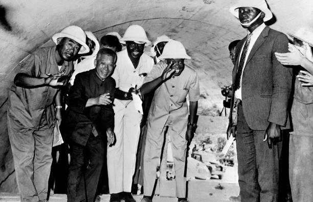 Picture released on August 10 1973 of Prime minister of Northern Rhodesia Kenneth Kaunda and President of Tanzania Julius Nyerere visiting the tunnel...