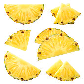 Pineapple slice set. Group of cut pineapples isolated.