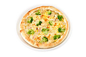 Pizza, broccoli, ham, mozzarella cheese, chicken meat