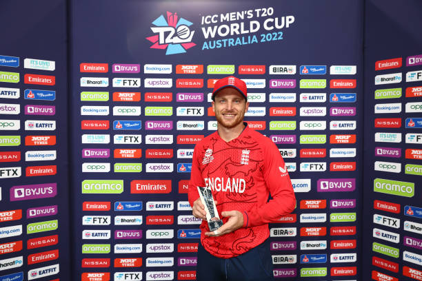 Player of the match, Jos Buttler of England poses after the ICC Men's T20 World Cup match between England and New Zealand at The Gabba on November...