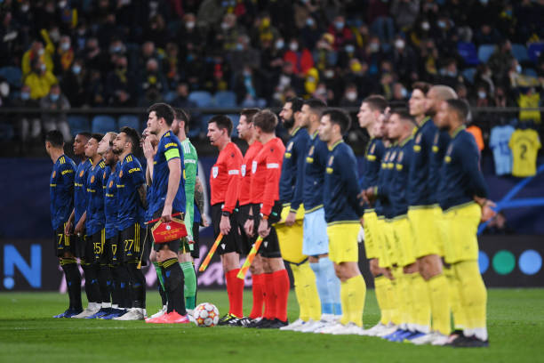 Players from both side's line up prior to the UEFA Champions League group F match between Villarreal CF and Manchester United at Estadio de la...