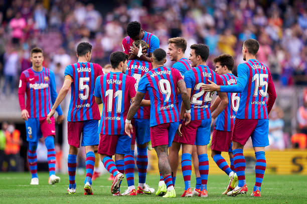 Players of FC Barcelona celebrating their team's third goal during the La Liga Santander match between FC Barcelona and Levante UD at Camp Nou on...