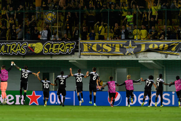 Players of FC Sheriff Tiraspol celebrate after winning the UEFA Champions League group D match between FC Sheriff and Shakhtar Donetsk at Sheriff...