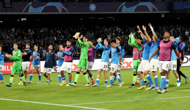 Players of SSC Napoli greet a fans for the victory after the UEFA Champions League group A match between SSC Napoli and Rangers FC at Stadio Diego...