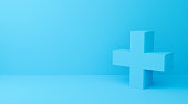 Plus sign on blue abstract background. 3d cross symbol for healthcare, medical and pharmacy. 3D rendering design.