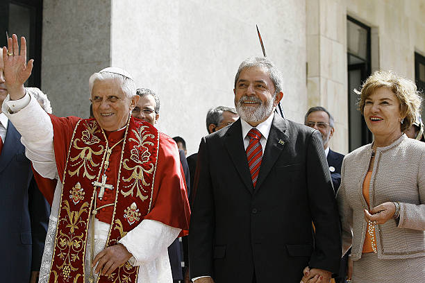 Pope Benedict XVI visits Bandeirantes Palace accompanied by Brazilian President Luiz Inacio Lula da Silva First Lady Marisa Leticia Sao Paulo...