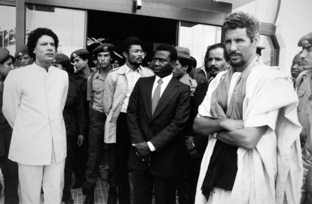 Portrait du dirigeant libyen Mouammar Khadafi du président du Ghana Jerry Rawlings et du dirigeant mauritanien Mohamed Khouna Haidalla circa 1980