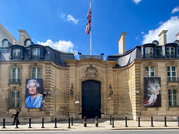 FRA: Queen Elizabeth II Platinum Jubilee 2022 – Portraits Displayed In Front Of The British Ambassador's Residence