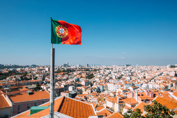 portuguese flag and lisbon skyline portugal picture