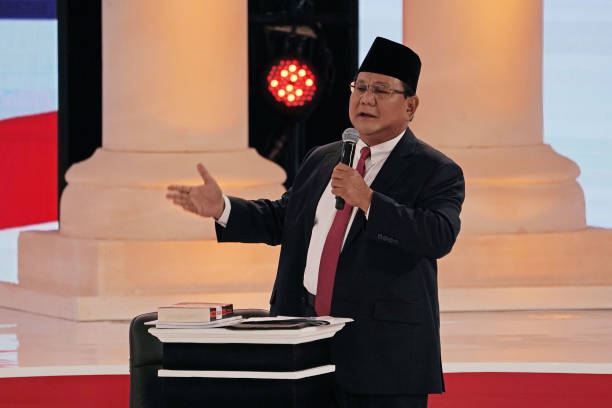Prabowo Subianto presidential candidate gestures as he speaks during a second presidential debate in Jakarta Indonesia on Sunday Feb 17 2019...