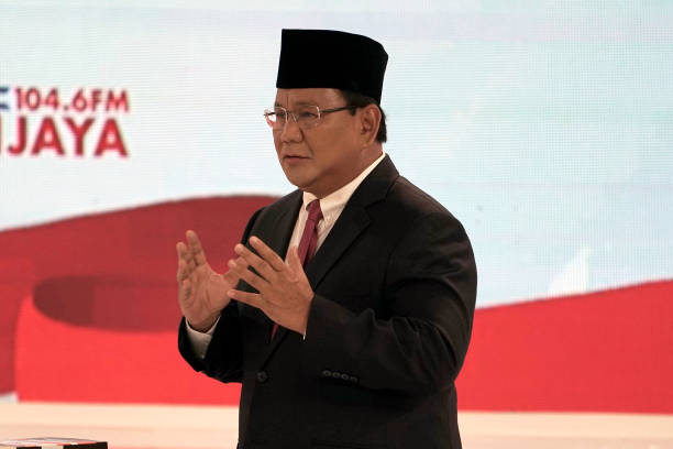 Prabowo Subianto presidential candidate gestures as he speaks during a second presidential debate in Jakarta Indonesia on Sunday Feb 17 2019...