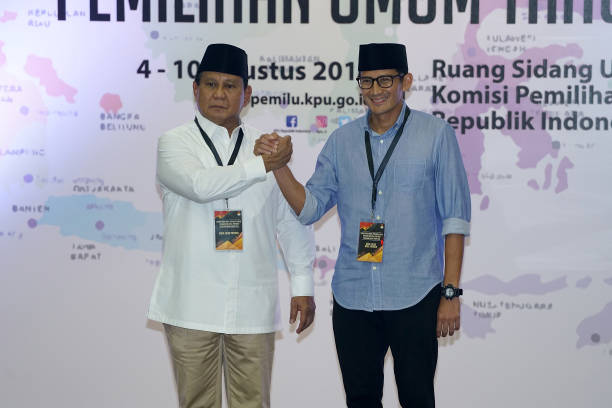Prabowo Subianto presidential candidate left and Sandiaga Uno vice presidential candidate poses for a photograph after submitting their nomination...