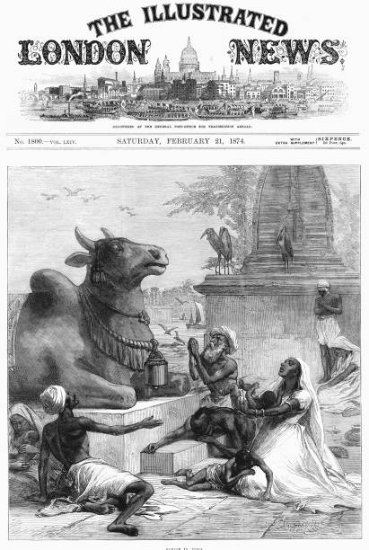 Praying to Nandi for relief from Famine, Bengal, India, 1874. Nandi, devotee of Shiva, took the form of a bull. People are praying to a stone statue...