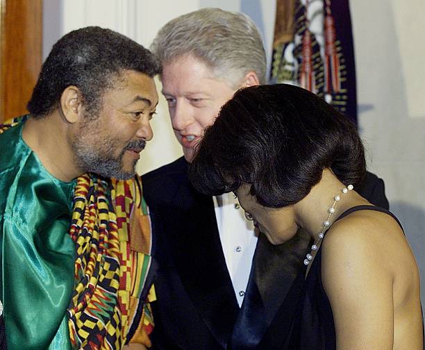 President Bill Clinton introduces his lawyer Cheryl Mills to the Ghana President Jerry John Rawlings during the receiving line at the official state...