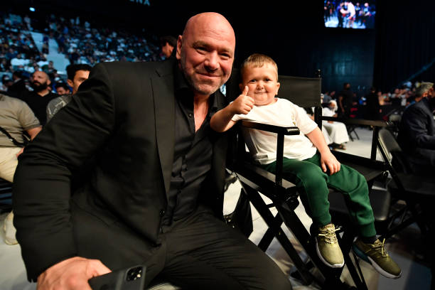 President Dana White poses for a photo with Hasbulla Magomedov during the UFC 267 event at Etihad Arena on October 30, 2021 in Yas Island, Abu Dhabi,...