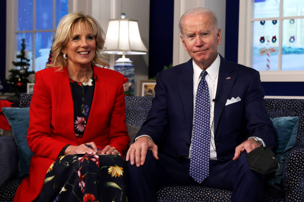 President Joe Biden and first lady Dr. Jill Biden participate in an event to call NORAD and track the path of Santa Claus on Christmas Eve in the...