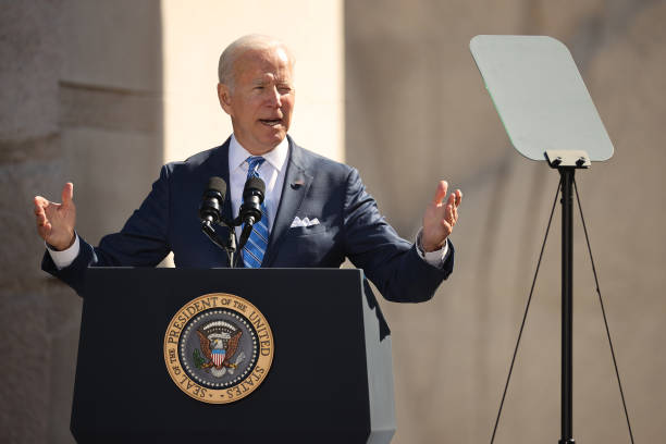 President Joe Biden delivers remarks during the 10th-anniversary celebration of the Martin Luther King, Jr. Memorial near the Tidal Basin on the...