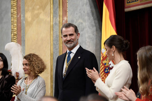 President of the Congress Meritxell Batet King Felipe VI of Spain Queen Letizia of Spain attend the solemn opening of the 14th legislature at the...