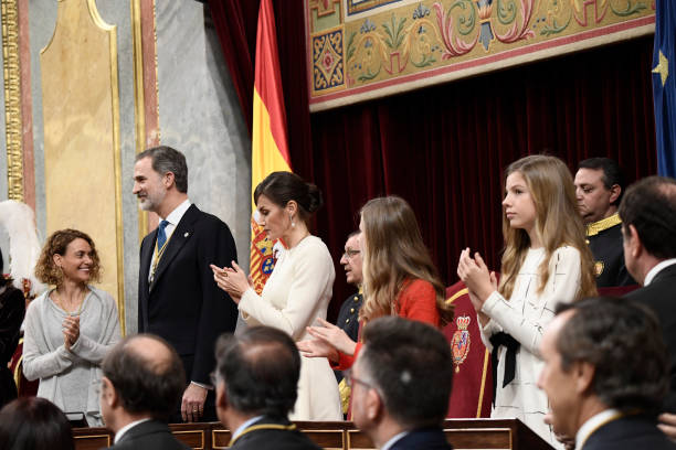 President of the Congress Meritxell Batet King Felipe VI of Spain Queen Letizia of Spain Princess Leonor Princess Sofia attend the solemn opening of...