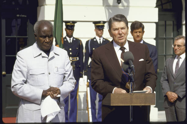 US President Ronald W Reagan making a speec during a ceremony for the President of Zambia Kenneth D Kaunda