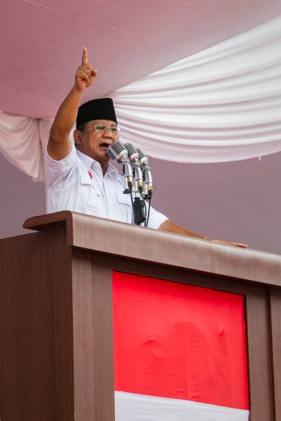 Presidential candidate retired general Prabowo Subianto the leader of the Gerindra party speaks to supporters during an election rally at Gelora Bung...
