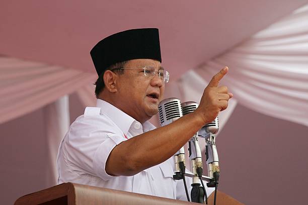 Presidential candidate retired general Prabowo Subianto the leader of the Gerindra party speaks to supporters during an election rally at Gelora Bung...