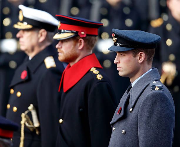 Prince Andrew Duke of York Prince Harry and Prince William Duke of Cambridge attend the annual Remembrance Sunday Service at the Cenotaph on...