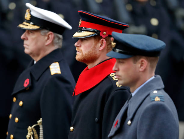 Prince Andrew Duke of York Prince Harry and Prince William Duke of Cambridge attend the annual Remembrance Sunday Service at The Cenotaph on November...