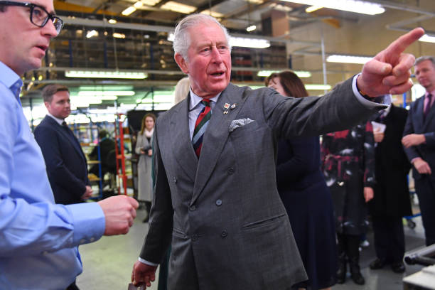 Prince Charles Prince of Wales during a visit to The Cambridge Satchel Company where he toured the company's workshops and met staff on February 11...