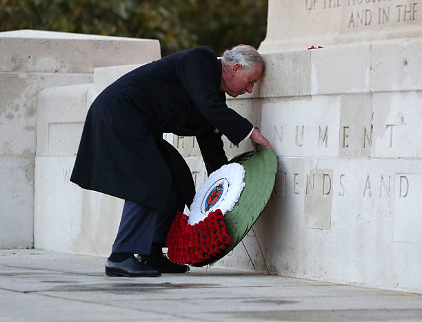 Prince Charles Prince of Wales lays a wreath at the Guard's Memorial for the Welsh Guards' Regimental Remembrance Sunday on Horse Guards Road on...