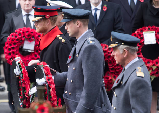 Prince Charles Prince of Wales Prince William Duke of Cambridge and Prince Harry during the annual Remembrance Sunday Service at The Cenotaph on...