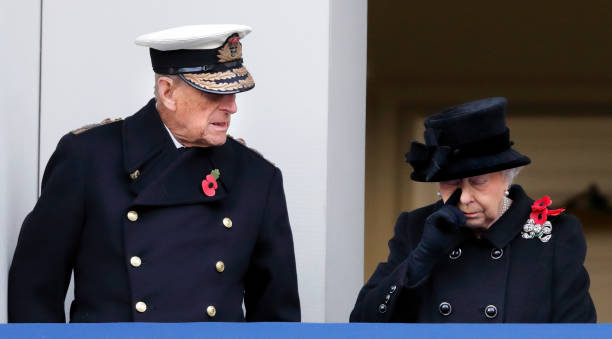 Prince Philip Duke of Edinburgh and Queen Elizabeth II attend the annual Remembrance Sunday Service at The Cenotaph on November 12 2017 in London...
