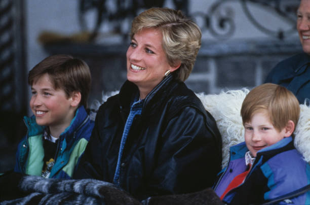 Princess Diana with her sons Prince William and Prince Harry on a skiing holiday in Lech, Austria, 30th March 1993.