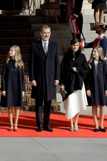 Princess Leonor of Spain King Felipe of Spain Queen Letizia of Spain and Princess Sofia of Spain attend the solemn opening of the 14th legislature at...