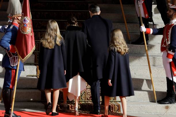 Princess Sofia of Spain Queen Letizia of Spain King Felipe of Spain and Princess Leonor of Spain attend the solemn opening of the 14th legislature at...
