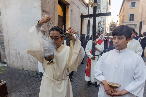 Procession of the Peruvian Community during the Via Crucis for Good Friday rituals through the streets of the Trastevere neighborhood on April 19,...