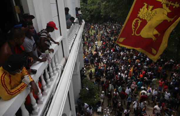 Protesters gather inside the premises of Sri Lanka Presidential Palace to demand the resignation of Sri Lankan President Gotabaya Rajapaksa, on July...