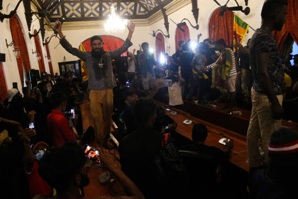 Protesters gather inside the premises of Sri Lanka Presidential Palace to demand the resignation of Sri Lankan President Gotabaya Rajapaksa, on July...