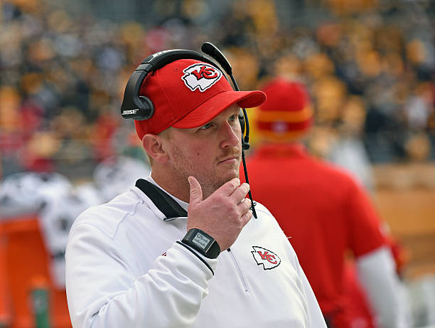 Quality control coach Britt Reid of the Kansas City Chiefs looks on from the sideline before a game against the Pittsburgh Steelers at Heinz Field on...