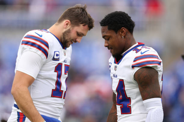 Quarterback Josh Allen of the Buffalo Bills and wide receiver Stefon Diggs of the Buffalo Bills look on together before playing against the Baltimore...