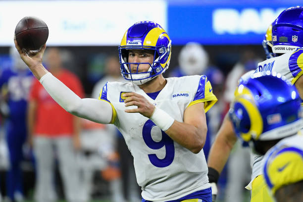 Quarterback Matthew Stafford of the Los Angeles Rams throws a pass during the fourth quarter of the NFL game against the Buffalo Bills at SoFi...