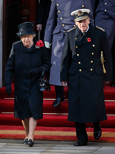 Queen Elizabeth II and Prince Philip Duke of Edinburgh attend the annual Remembrance Sunday Service at the Cenotaph on Whitehall on November 13 2016...