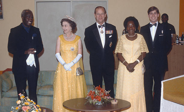 Queen Elizabeth ll Prince Philip Duke of Edinburgh and Prince Andrew attend a formal event with President Kenneth Kaunda and wife Betty Kaunda on...