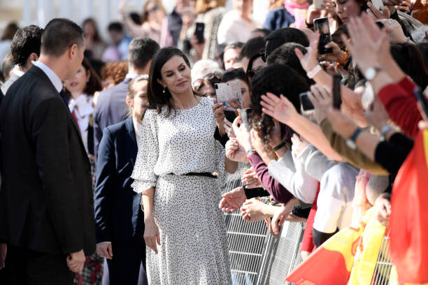 Queen Letizia of Spain greets people after the closing scientific congress of the 50th anniversary commemoration of the Doñana National Park at the...