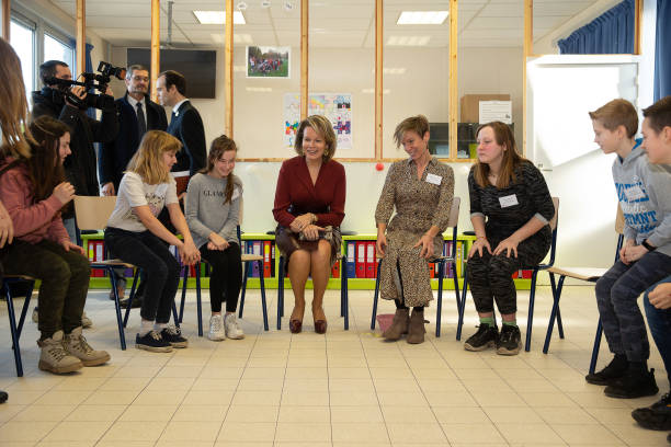 Queen Mathilde of Belgium and teacher Marieke Van de Walle pictured during a visit of Belgian Queen at the GO Tuinbouwschool part of the week against...