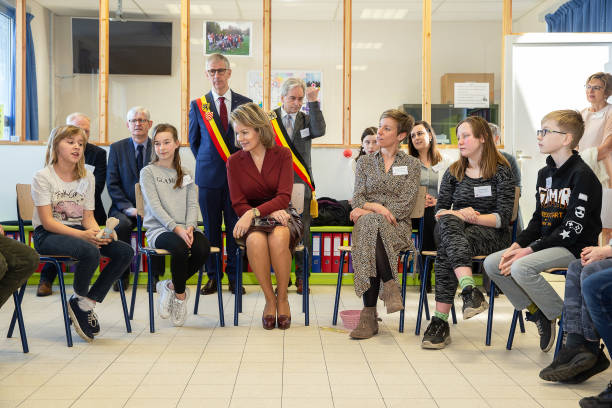 Queen Mathilde of Belgium and teacher Marieke Van de Walle pictured during a visit of Belgian Queen at the GO Tuinbouwschool part of the week against...