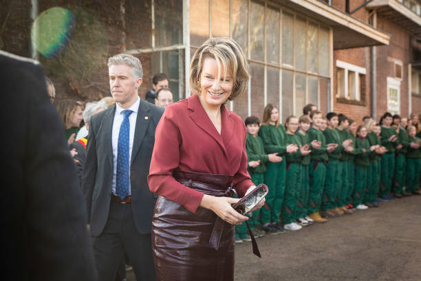 Queen Mathilde of Belgium pictured during a visit of Belgian Queen at the GO Tuinbouwschool part of the week against harassment in Flanders in Melle...