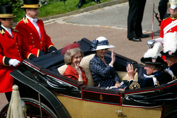 queen-sofia-of-spain-and-queen-sonja-of-norway-riding-in-a-open-with-picture-id52109399